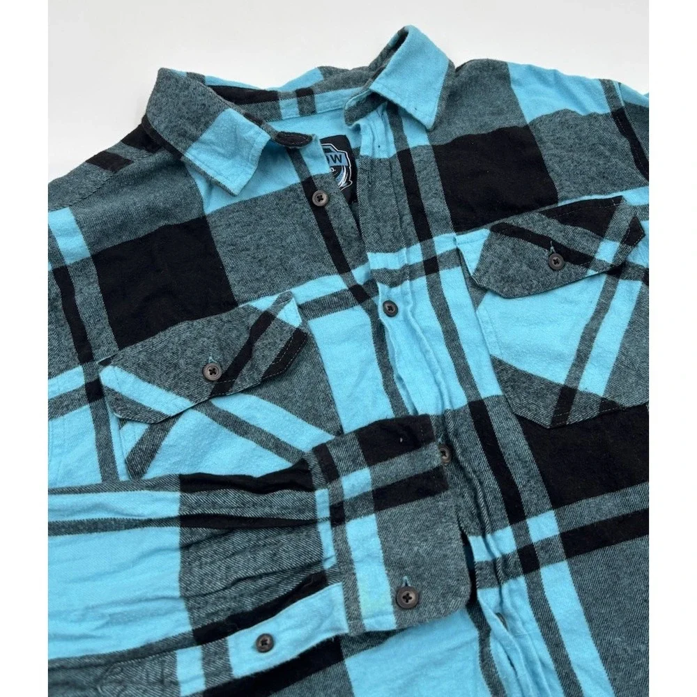 Angry Minnow Clothing Co Men's L‎ Blue Plaid Long Sleeve Button Down Flannel